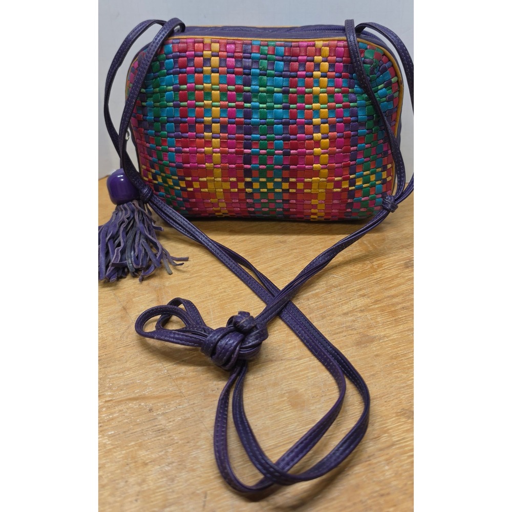 NOS Sharif Vintage Woven Leather Crossbody Bag Multi Color Rainbow Tassel Purple